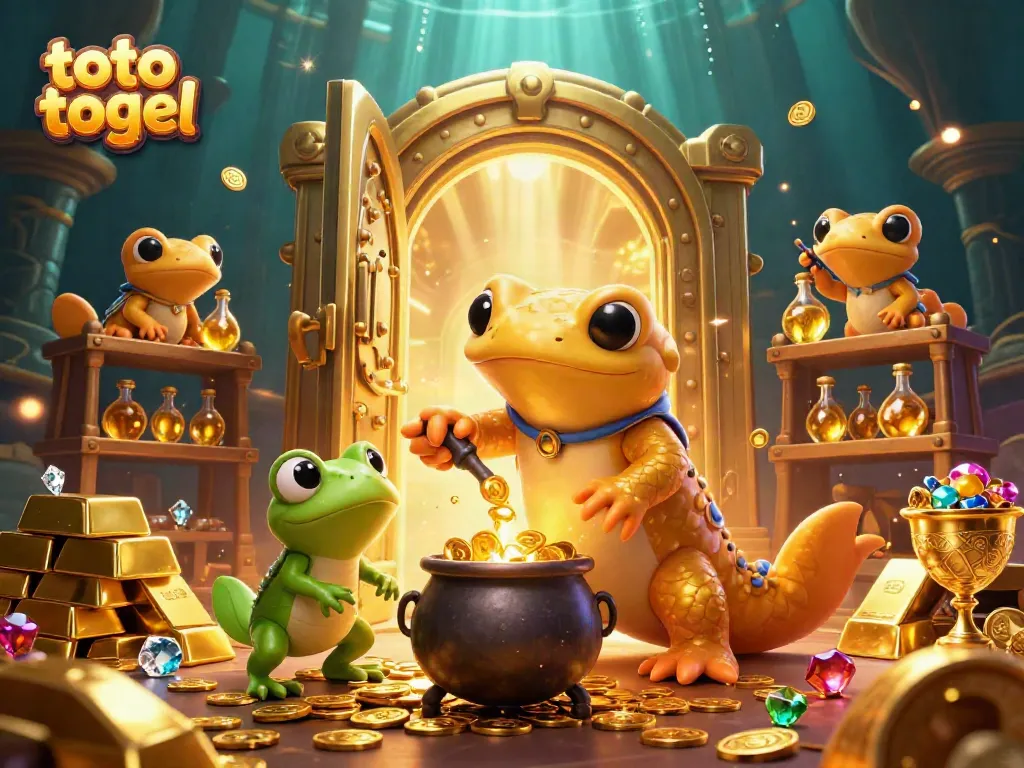Engage in toto togel while a golden salamander alchemist transforms metal into coins in a vibrant scene.