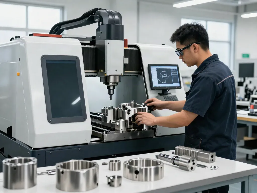 Technician crafting custom stainless steel parts on a CNC machine in a high-tech workshop.