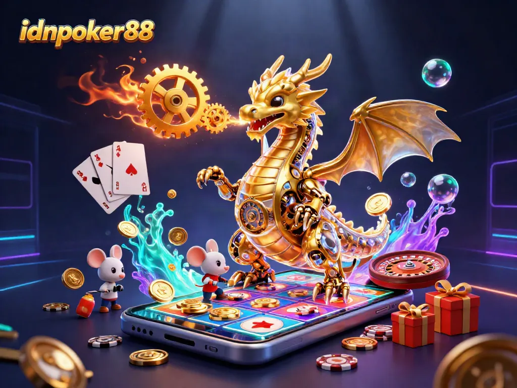 Experience thrilling gameplay with idnpoker88, featuring a biomechanical dragon surrounded by dynamic casino elements.
