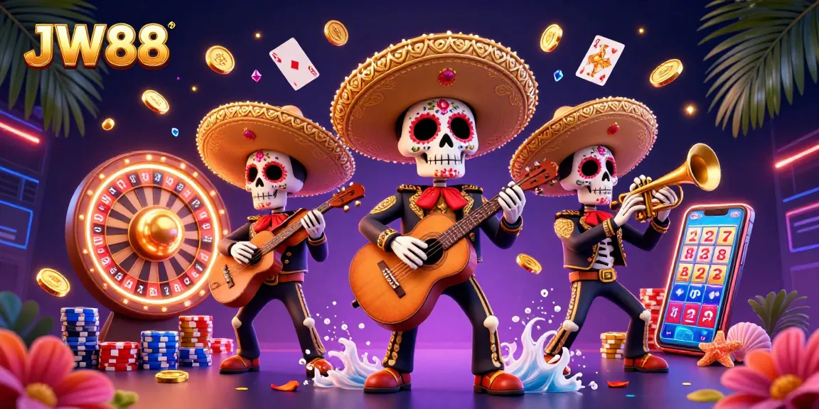 Experience thrilling casino action with JW88’s vibrant 3D mariachi band illustration featuring festive gambling elements.