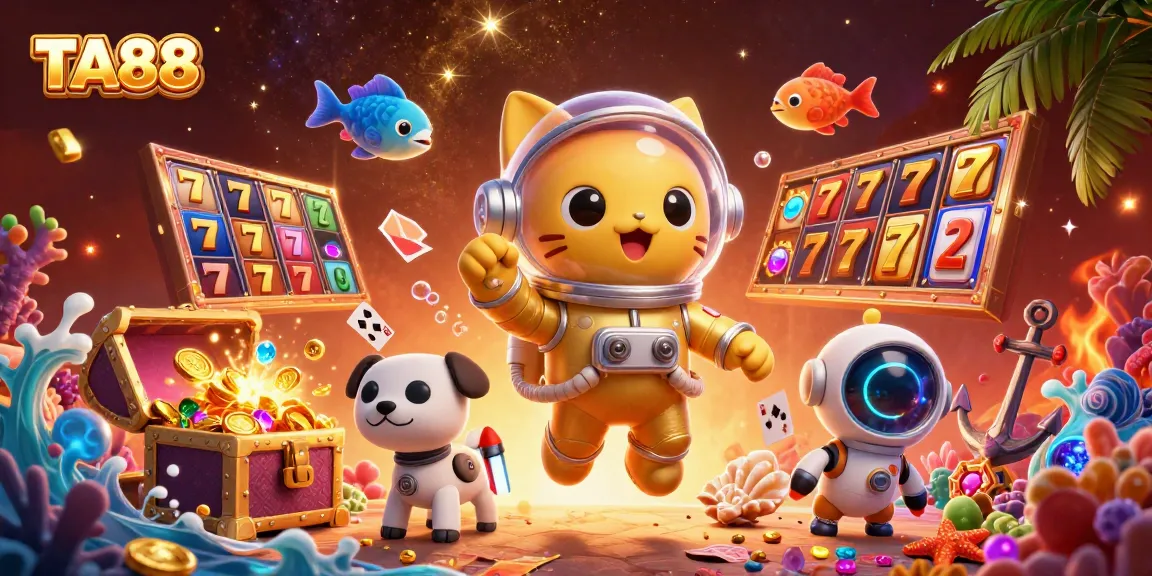 Experience the thrilling TA88 adventure with an astronaut cat and robot dog amidst vibrant casino elements.