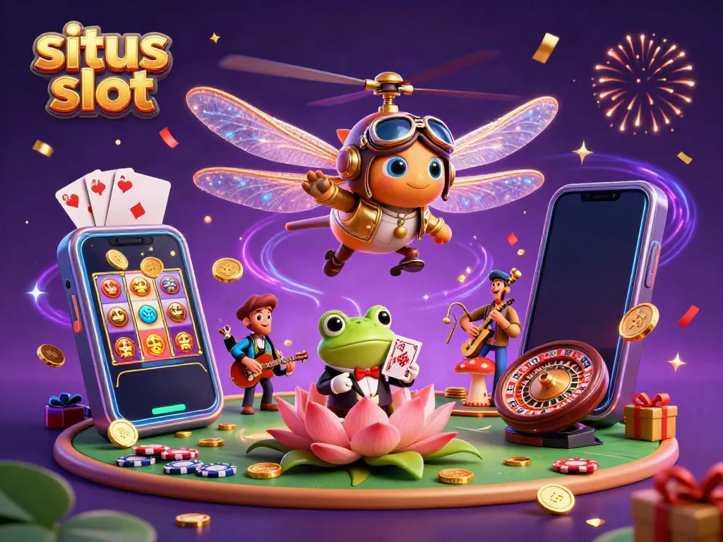 Ilustrasi grafis 3D situs slot dengan naga terbang dalam pilot helikopter dan dealer katak di kasino teratai.