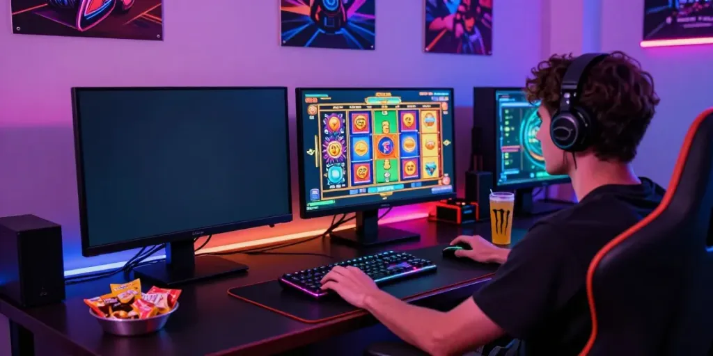 Player enjoying PG SLOT on a dual-monitor gaming setup with vibrant graphics.