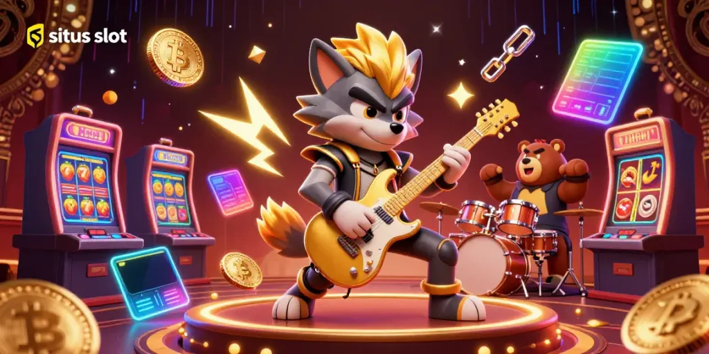 Mengambil bagian dalam situs slot, karakter serigala rocker dan beruang drummer menikmati permainan yang bersemangat di panggung kasino.
