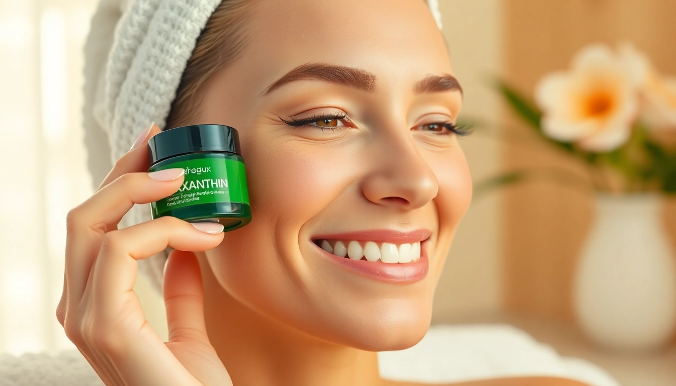 Apply astaxanthin for wrinkles with a happy model in a spa setting showcasing smooth skin.