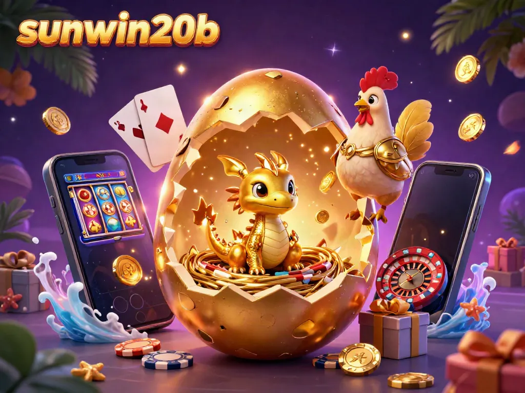 Win big with sunwin20b at a vibrant 3D casino scene featuring gold dragon and poker chips.