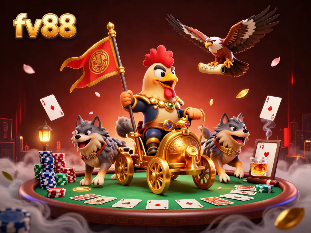 Engage in thrilling gameplay at fv 88, featuring a cartoon warlord and poker elements in a vibrant casino scene.