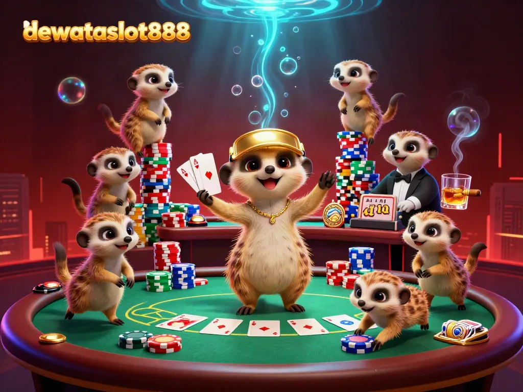 Menangkan permainan casino online di dewataslot888 dengan ilustrasi koloni meerkat yang memeriahkan suasana.
