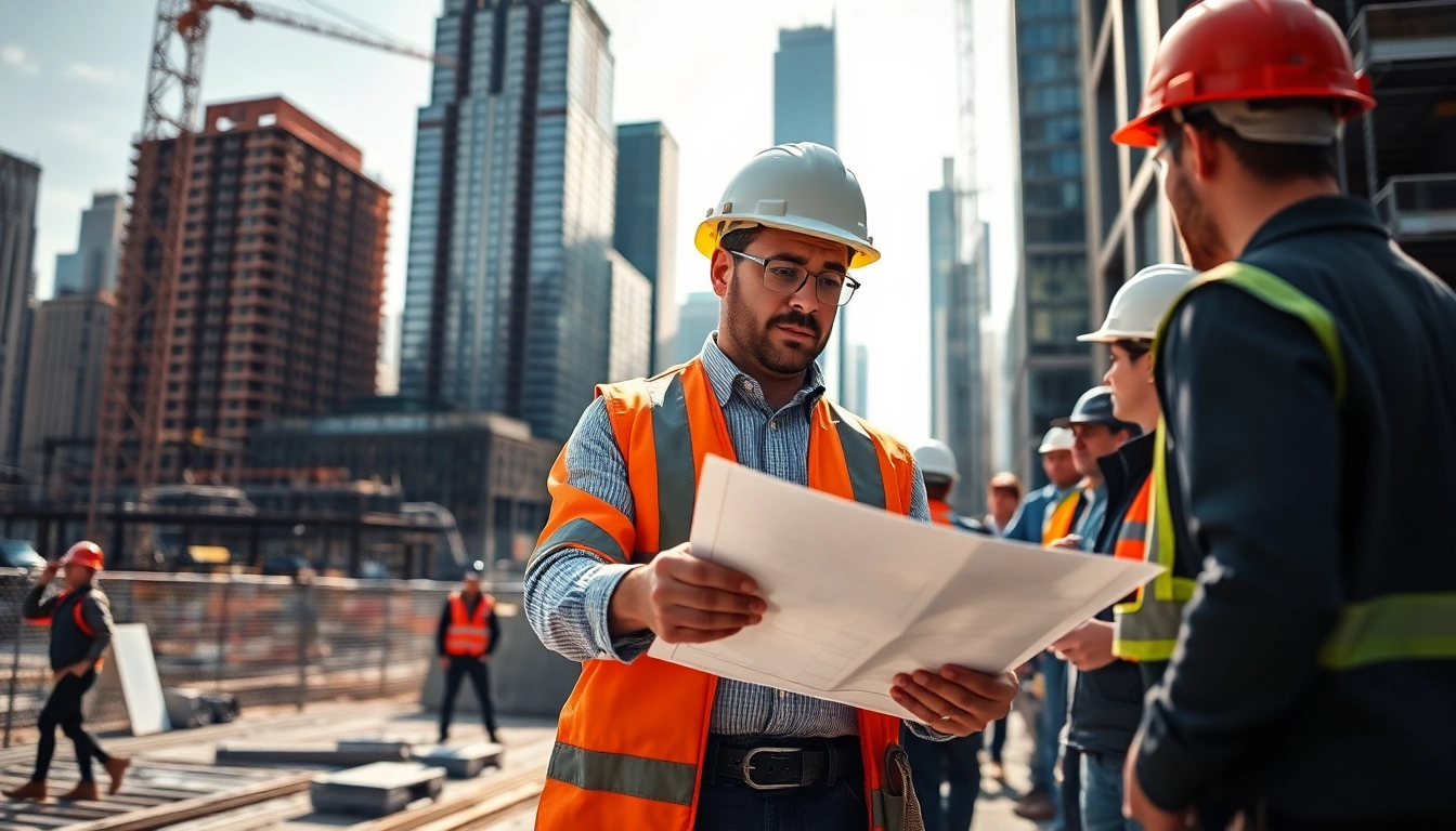 New York City General Contractor examining blueprints on construction site with NYC skyline.