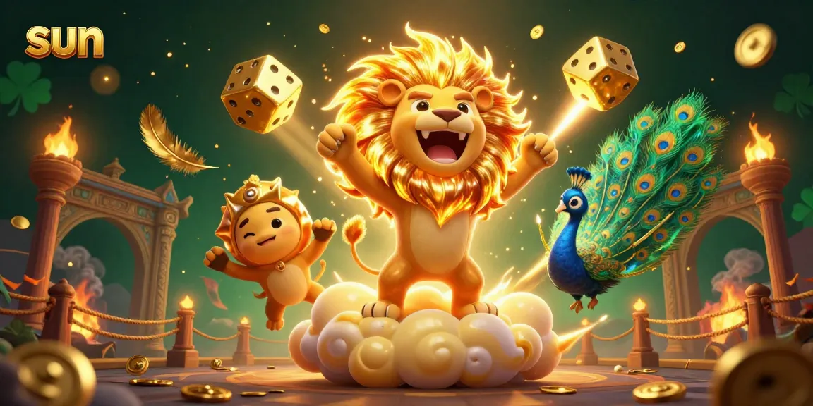 Spin the sun-themed slot reels with golden dice and vibrant 3D casino elements.