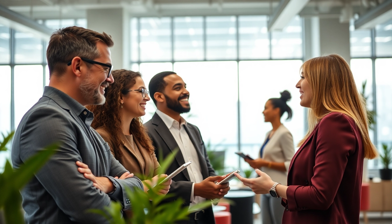 Recruiting agencies collaborating in a vibrant office environment.