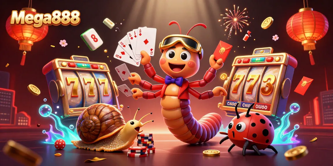 Experience the thrilling gameplay of mega888 with a vibrant 3D animated casino scene filled with colorful characters and game elements.