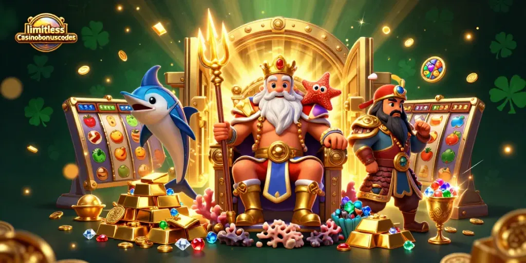 Engage with limitlesscasinobonuscodes in an exciting 3D casino adventure with Neptune, treasures, and vibrant slots.