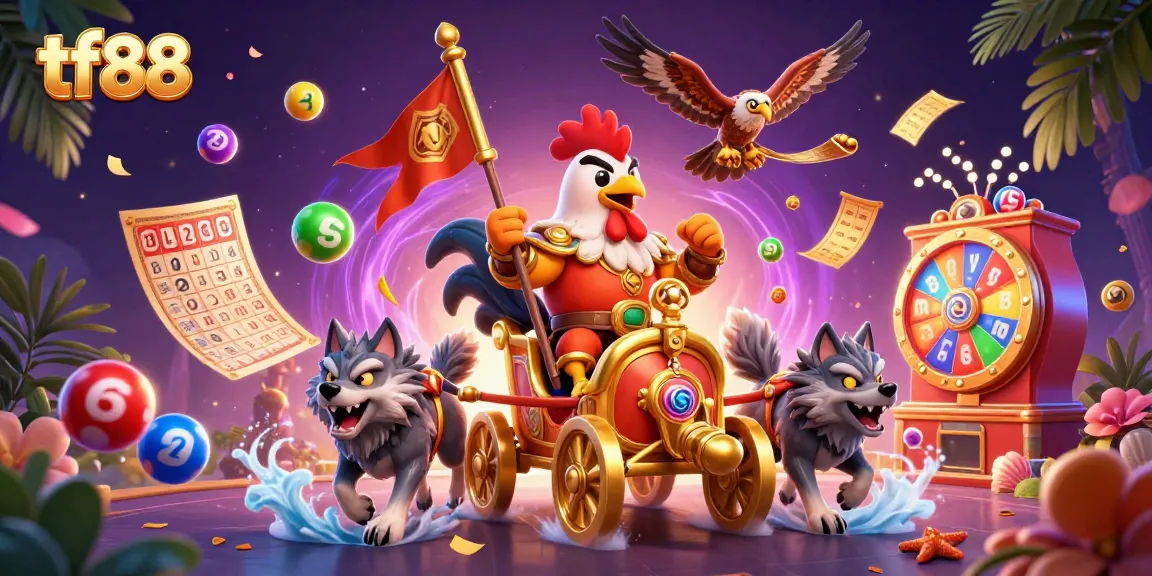 Engage with tf88's vibrant gambling scene featuring a rooster warlord in a dynamic 3D illustration.