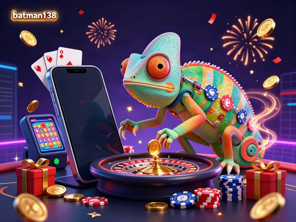 Engage in thrilling gameplay with batman138 featuring an animated chameleon casino owner amidst vibrant slot games, poker chips, and festive decorations.
