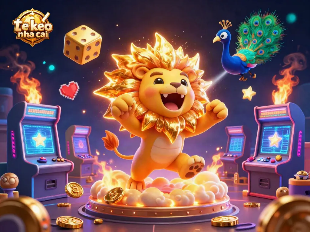 Engage with ty le keo nha cai as the sun lion roars, flanked by golden dice, in a vibrant casino-themed illustration.