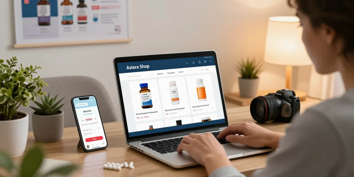 A focused customer exploring the Astera Shop online, showcasing a modern home office with steroid products on the laptop.