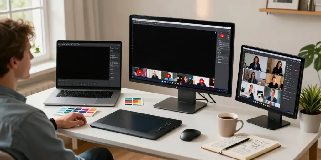 How to use an AI YouTube thumbnail generator in a modern creative workspace, showcasing digital design tools and AI-generated thumbnails.