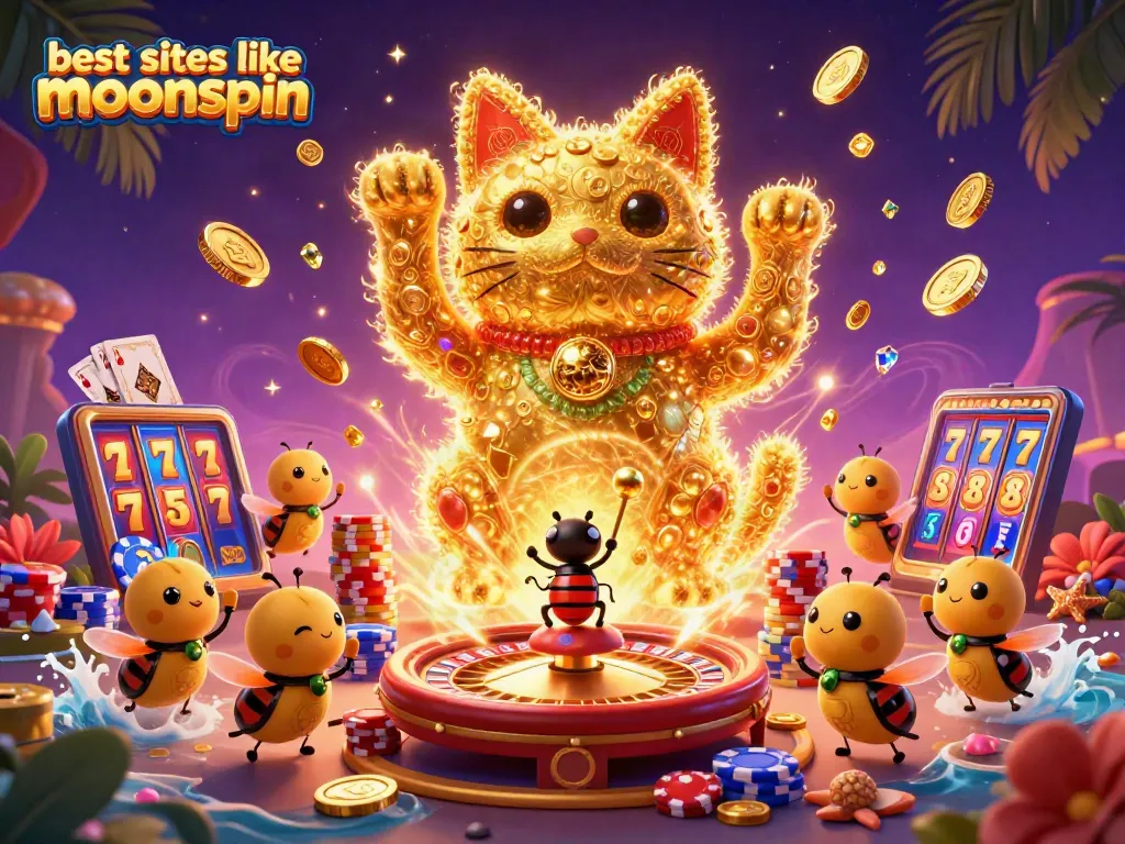 Experience the excitement of the best sites like moonspin with shimmering slot symbols and vibrant casino elements.