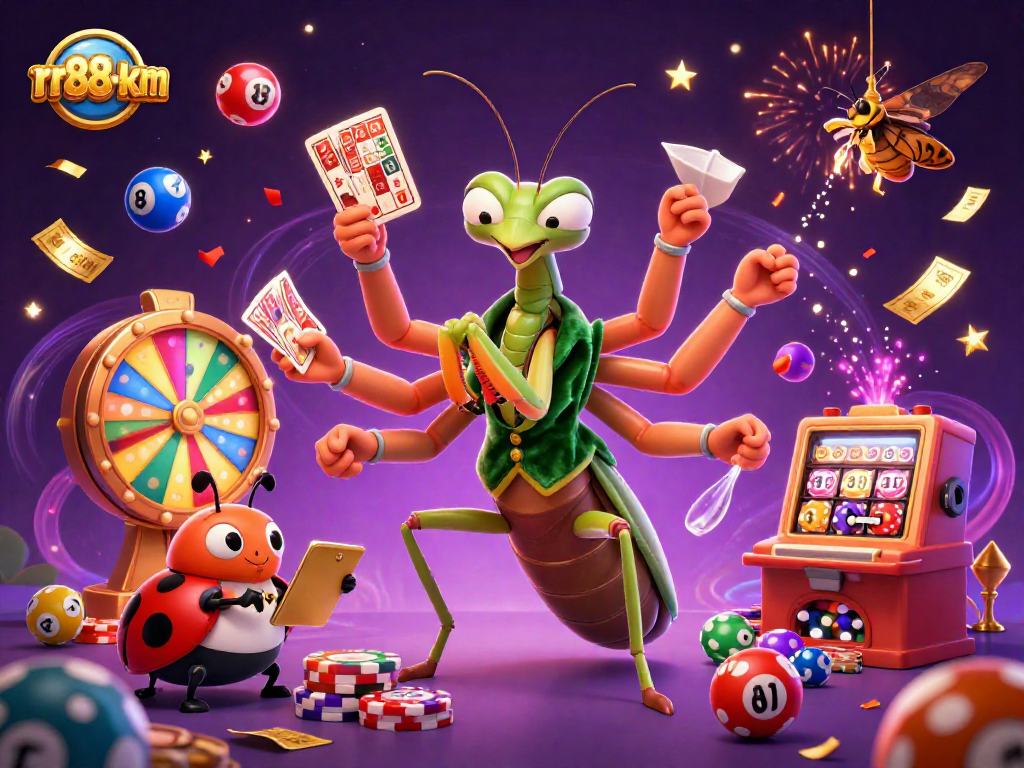 rr88-km showcases a giant praying mantis card sharp, vibrant lottery balls, and festive casino elements.