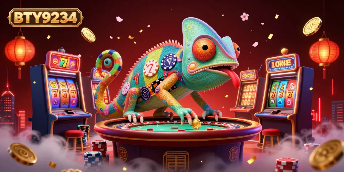 Experience the vibrant casino energy with BTY9234, featuring dynamic slot machines and an engaging chameleon owner.