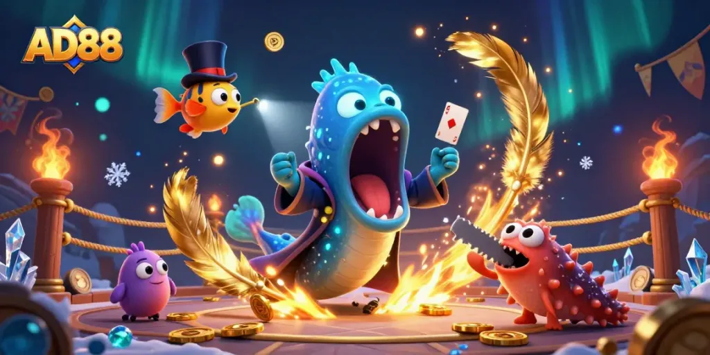 Engage with the excitement of AD88's magical casino scene featuring dynamic card tricks and vibrant gambling elements.