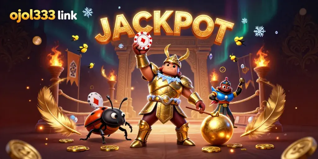 Experience thrilling gameplay with ojol333 link, showcasing a victorious beetle champion and dynamic casino elements.