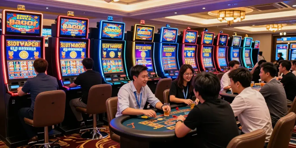 Players enjoying slot gacor games in a vibrant casino atmosphere.
