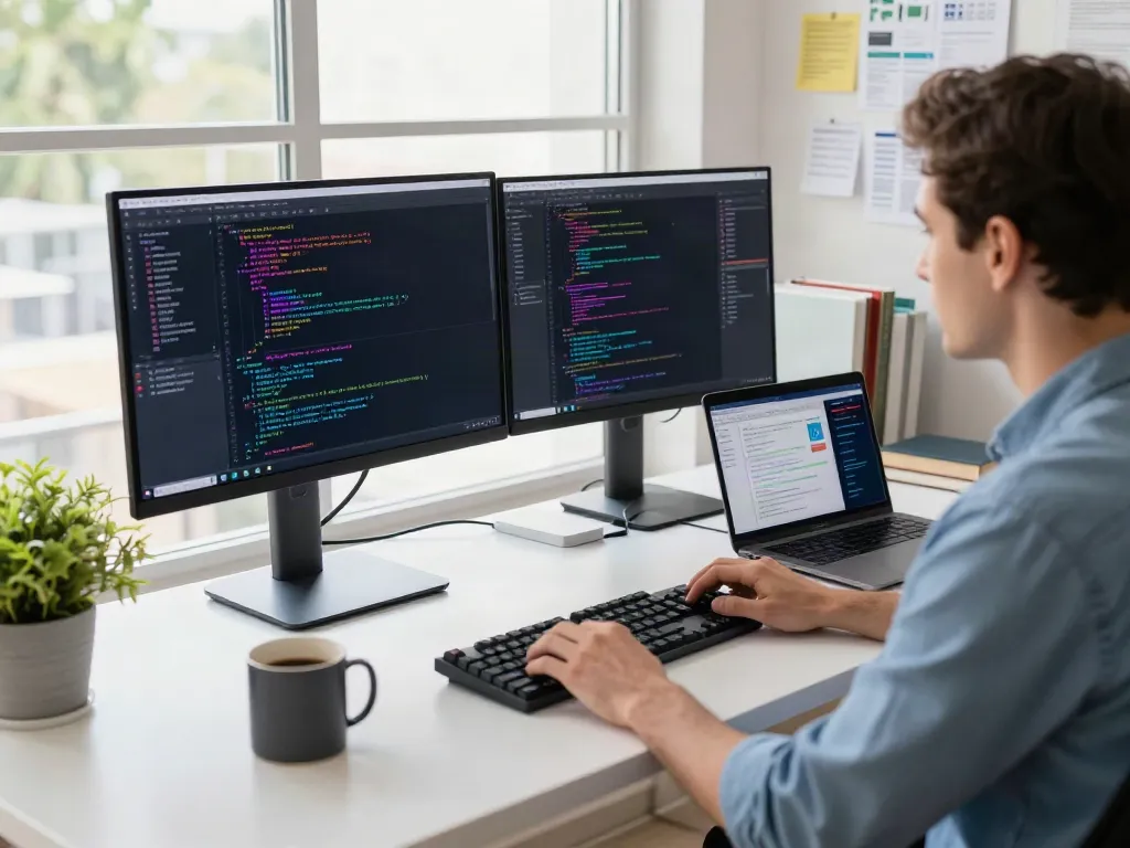 Brave browser developer coding at modern workspace, showcasing tech-focused environment.