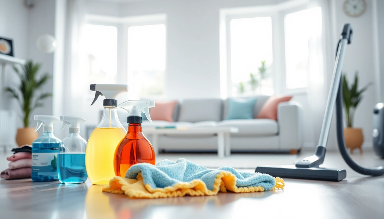 Bond cleaning supplies arranged neatly in a bright living space, showcasing professionalism in cleaning.