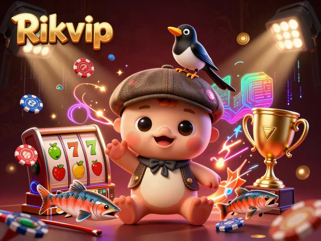 Engage with Rikvip as baby Nessie and friends celebrate winning at online slots in a vibrant 3D scene.