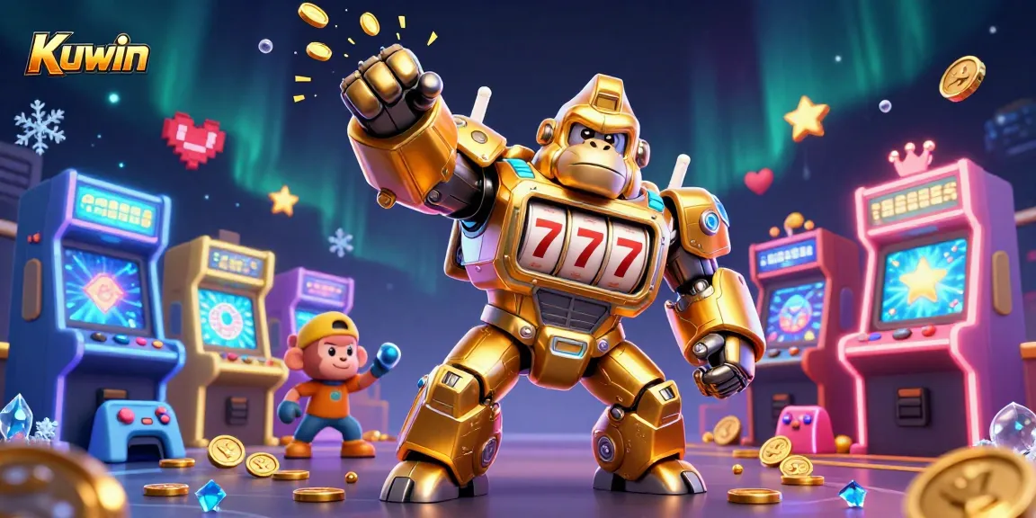 Kuwin showcases a dynamic casino scene with a golden gorilla mech, arcade games, and vibrant coins exploding.