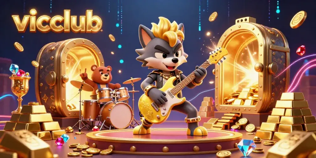 Experience the excitement at vicclub casino with a vibrant rock star scene showcasing treasure and high-energy gameplay.