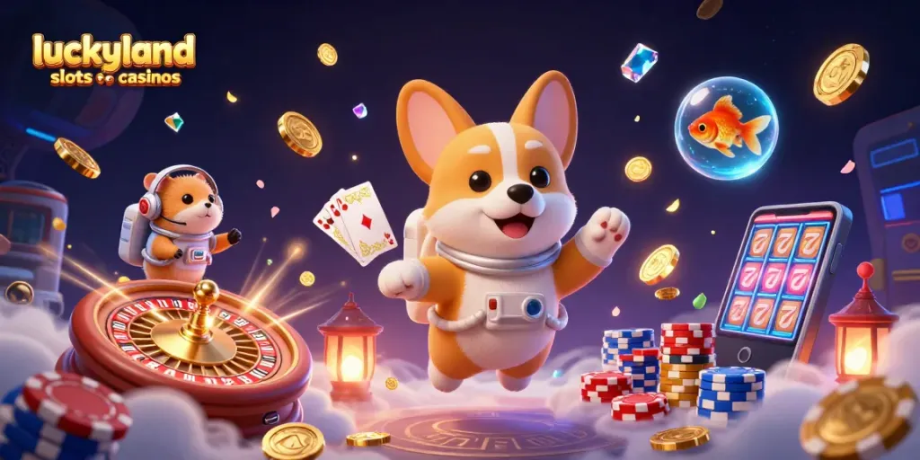 Experience thrilling adventures at luckyland slots sister casinos with colorful characters and casino elements.