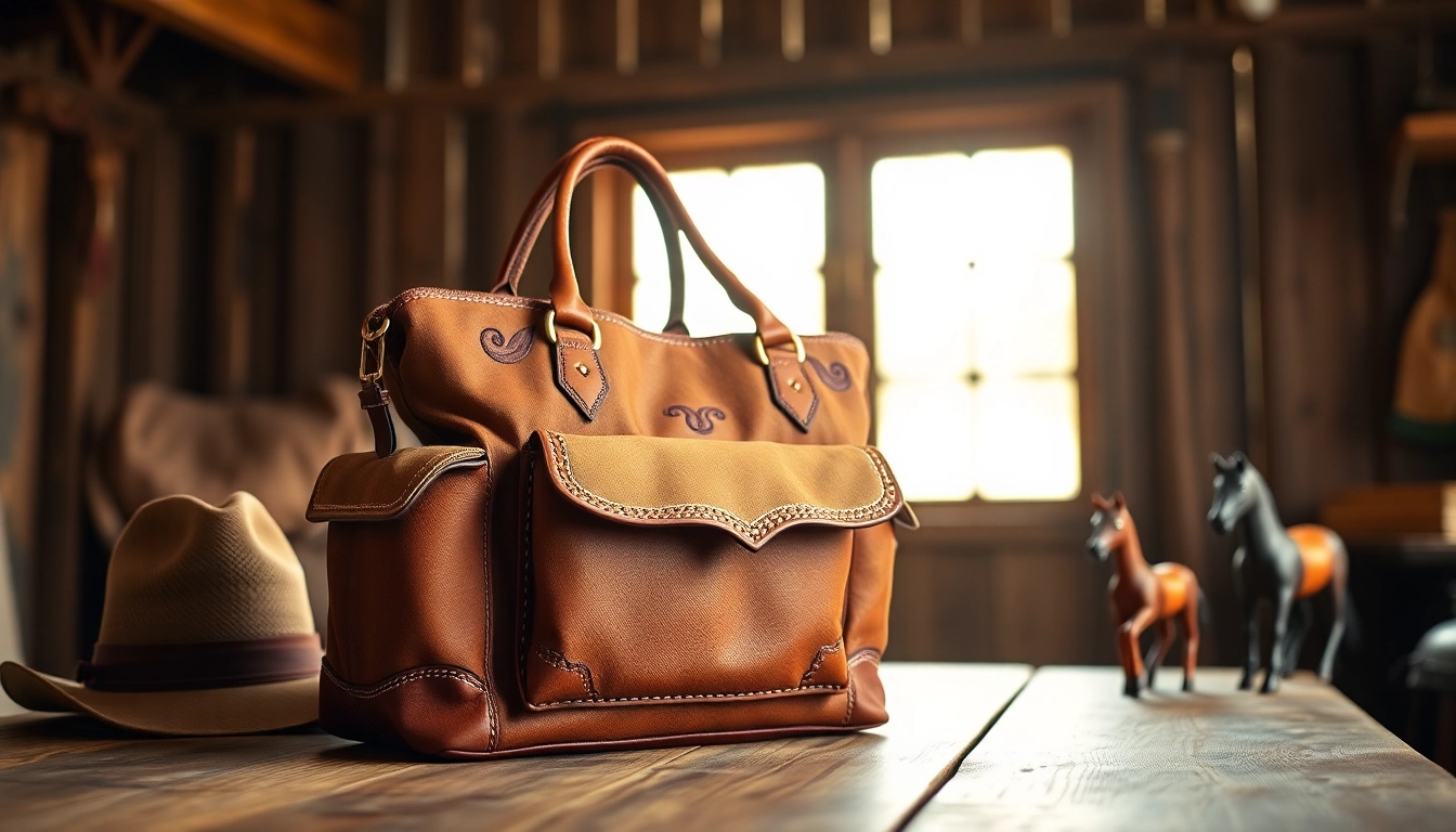 Showcase a western diaper bag elegantly styled on a rustic table, highlighting its unique features.