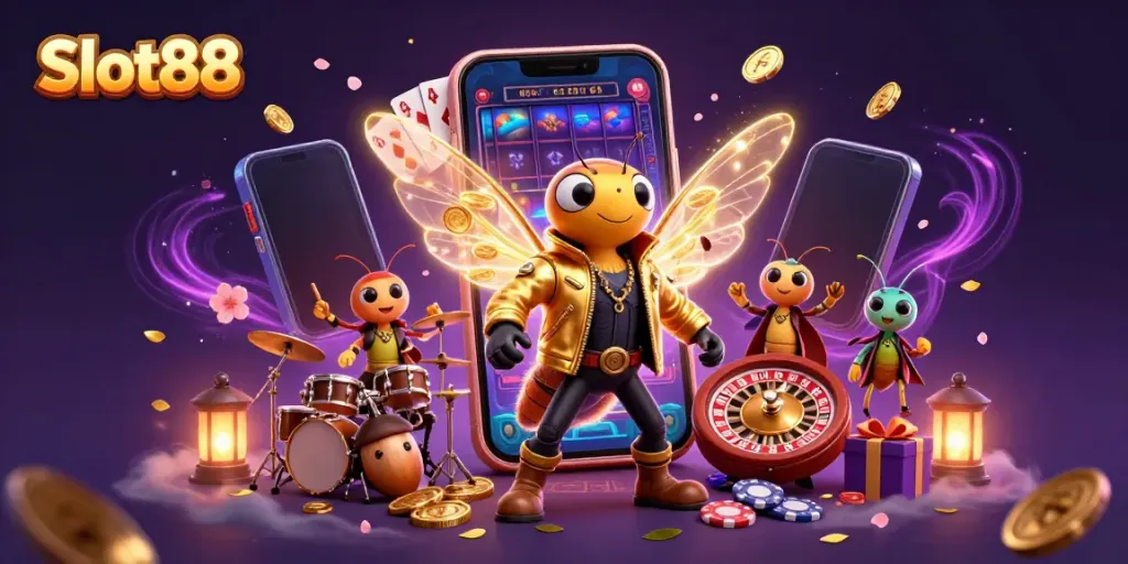 Experience the thrill of Slot88 with this vibrant 3D illustration featuring a rock star cicada, vibrant casino elements.