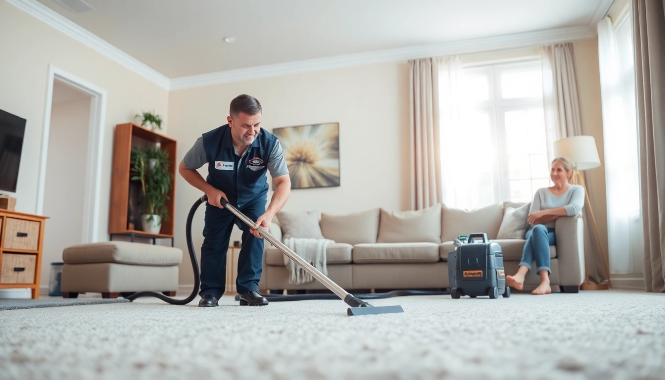 Veteran owned carpet cleaning California with a technician demonstrating professional cleaning in a bright room.