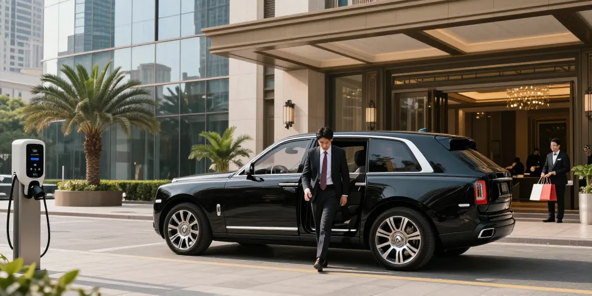 Mobil mewah LUXURY 777 terparkir di depan hotel bergengsi, menampilkan gaya hidup premium.