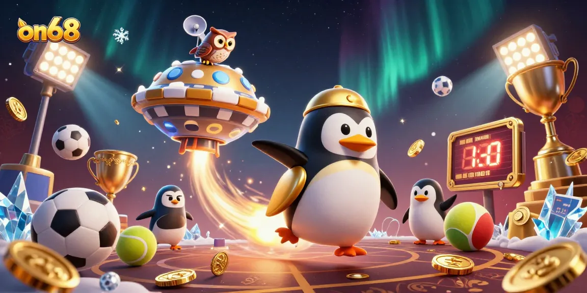 Experience thrilling gaming at ON68 with a dynamic scene of a golden penguin blasting through space.