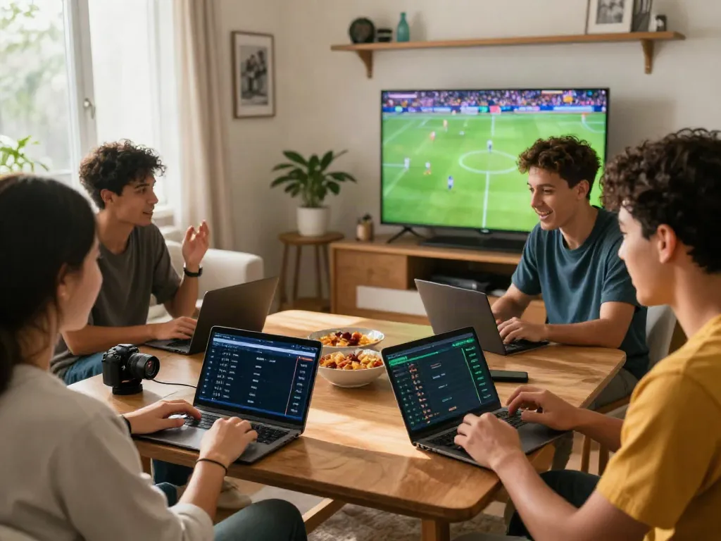 Group of friends engaging with WWBOLA for soccer betting odds in a vibrant living room.