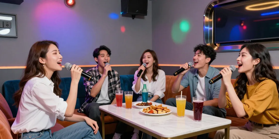 인천쓰리노에서 친구들과 노래를 즐기는 모습, 밝고 역동적인 분위기