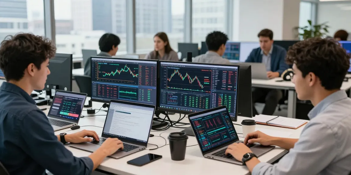 Equipo analizando gráficos de criptomonedas en la oficina con Immediate Edge.