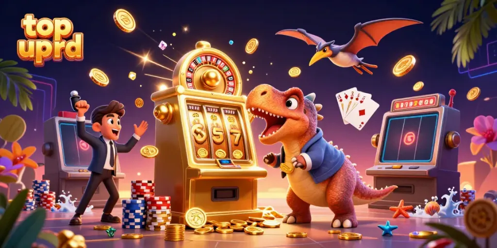 Top up rd dengan pachycephalosaurus memukul mesin slot, mendatangkan koin jackpot yang meluncur ke segala arah.