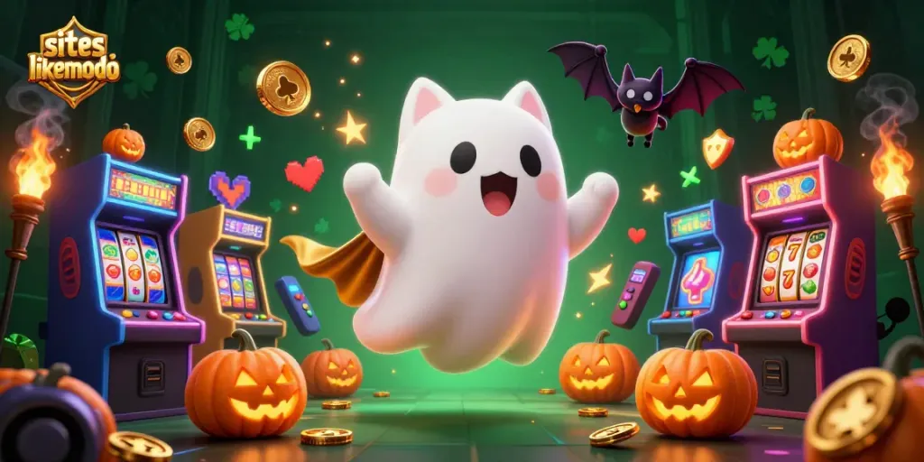 Experience the excitement at siteslikemodo with a ghost cat, bat, and glowing casino elements.