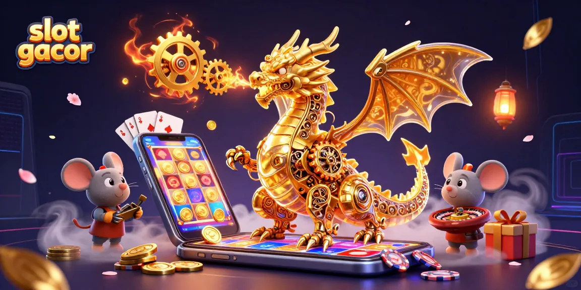 Mainkan slot gacor dengan naga emas dan karakter menarik di latar belakang kaya detail.