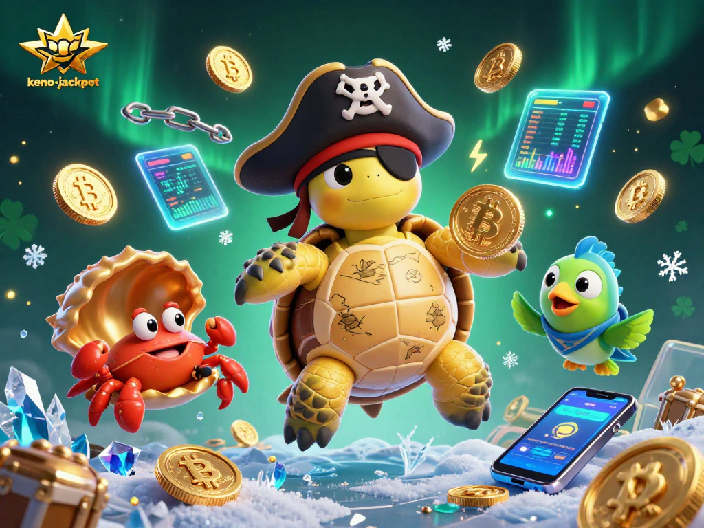 Engage with keno-jackpot treasures as a pirate turtle navigates coins and treasures.