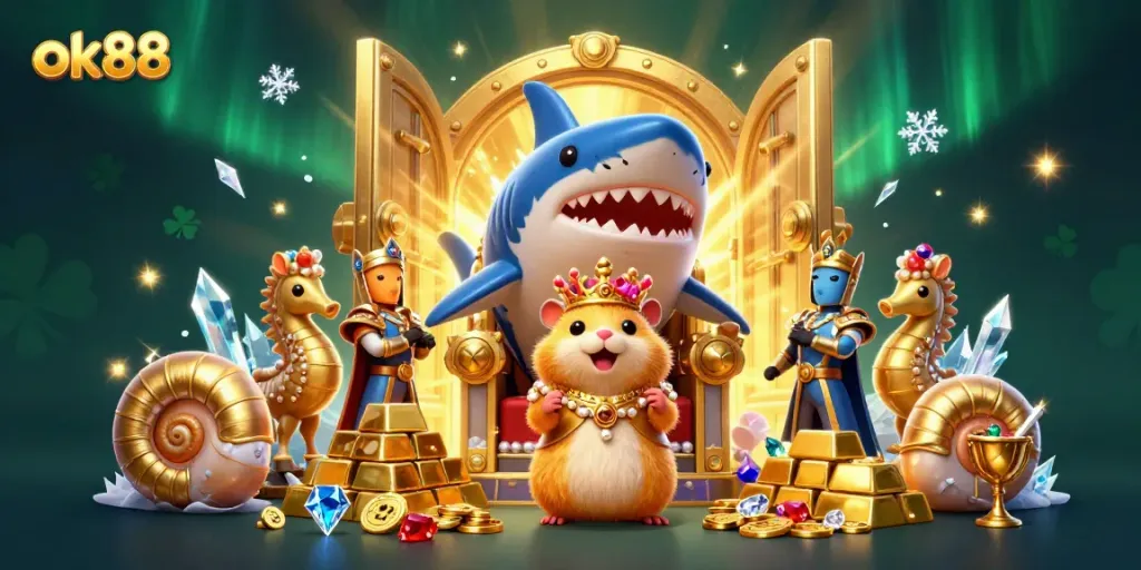 Experience the thrill of winning at ok88 with a playful digital scene of treasure and casino elements.