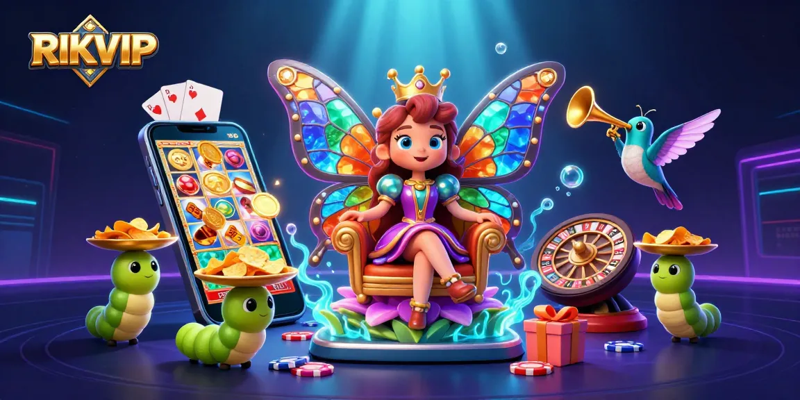 Experience the RIKVIP excitement with vibrant casino elements and a magical butterfly queen in action.