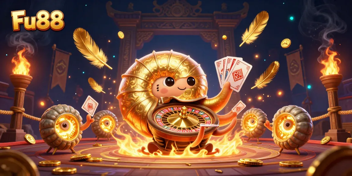 Engage in thrilling gameplay at Fu88 with a vibrant 3D casino scene featuring a golden roulette wheel.