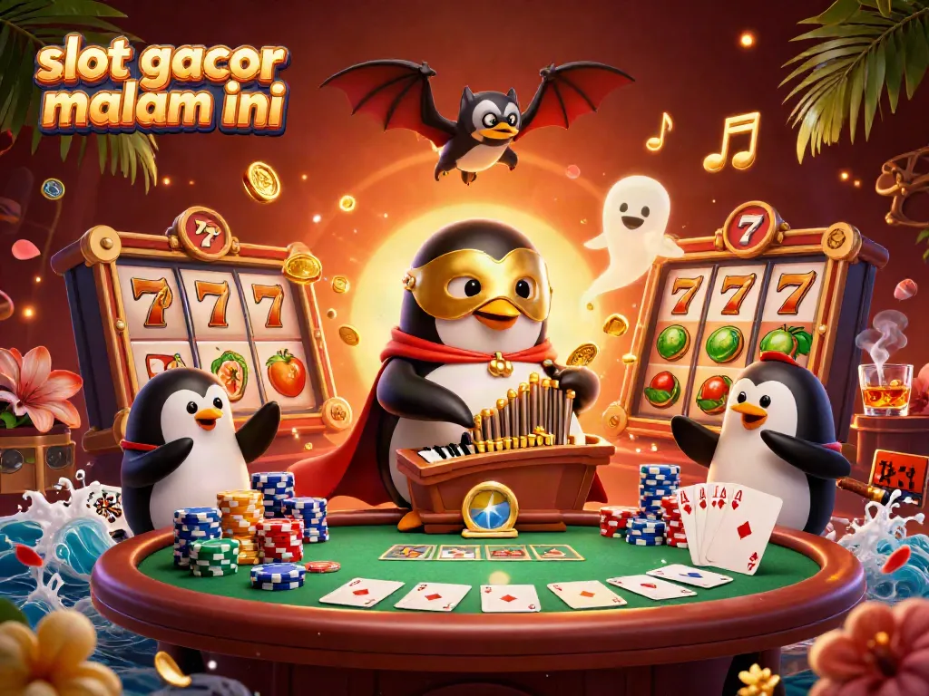 Menghadirkan slot gacor malam ini dalam ilustrasi 3D dengan penguin opera dan elemen kasino yang dinamis.